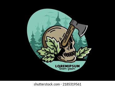 Illustration design of an ax stuck in the skull