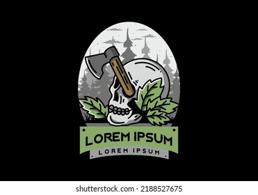 Illustration design of an ax stuck in the skull