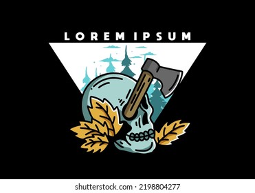 Illustration design of an ax stuck in the skull
