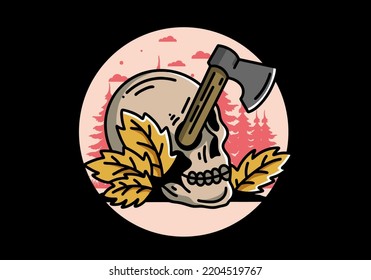 Illustration design of an ax stuck in the skull