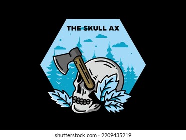 Illustration design of an ax stuck in the skull