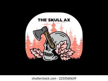 Illustration design of an ax stuck in the skull