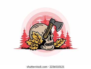 Illustration design of an ax stuck in the skull