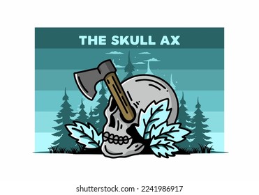 Illustration design of an ax stuck in the skull