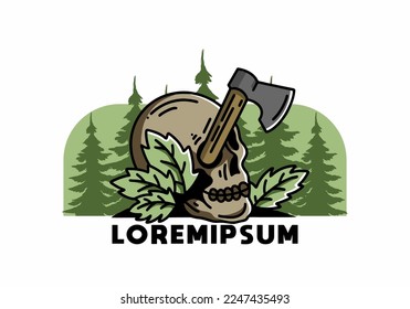 Illustration design of an ax stuck in the skull