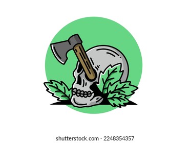 Illustration design of an ax stuck in the skull