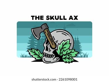 Illustration design of an ax stuck in the skull