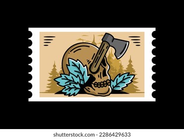Illustration design of an ax stuck in the skull