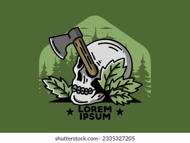 Illustration design of an ax stuck in the skull