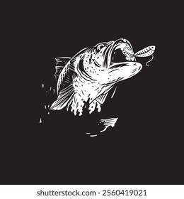 illustration design of a Bass fish chasing a bait from a fisherman during the fall.