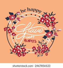 ilustración diseño de be happy flower con fondo rosa para camisas de niños