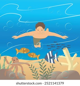 Illustration design of a beach boy, who is swimming in the blue sea without using a swimming device, playing with fish