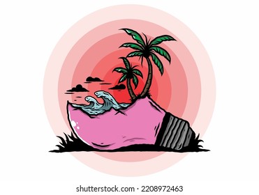 Illustration design of a Beach landscape on bulb lamp