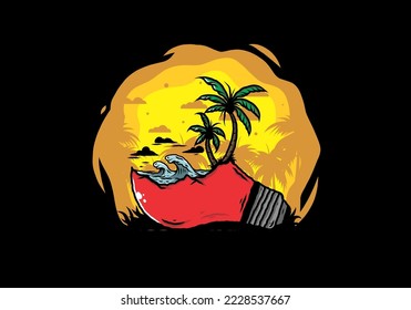 Illustration design of a Beach landscape on bulb lamp