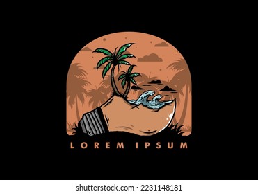 Illustration design of a Beach landscape on bulb lamp