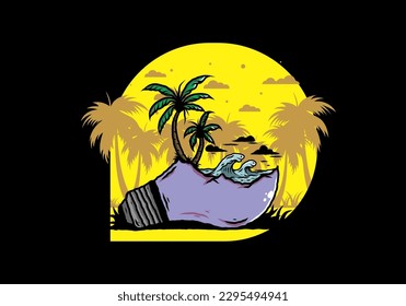 Illustration design of a Beach landscape on bulb lamp