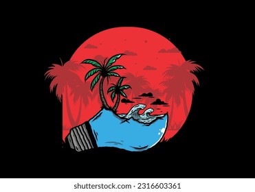 Illustration design of a Beach landscape on bulb lamp