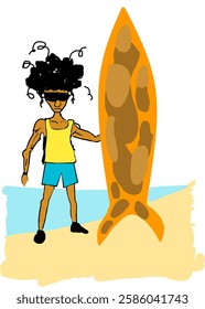 Illustration design of a beach man with a surfboard.