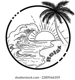 Eine Illustration eines Strandes mit Wellen, Kokospalmen, Sand und Sonne