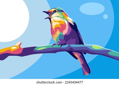 Illustration design Beautiful Bird Perched on a twig colorful vector wpap popart