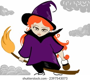 Illustration design of a beautiful red-haired witch in a purple robe riding a broomstick on a cloudy day.