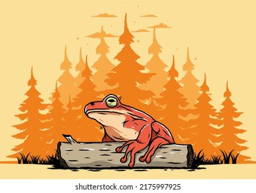 Illustration design of a big frog perched on a log