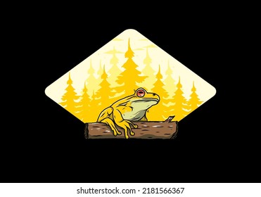 Illustration design of a big frog perched on a log