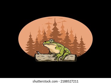 Illustration design of a big frog perched on a log