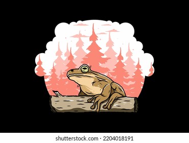 Illustration design of a big frog perched on a log