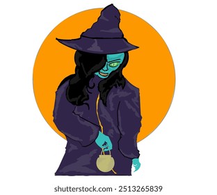 Illustration design of a black-haired scary-faced witch wearing a purple robe and hat carrying a cup of poison on a full moon background.