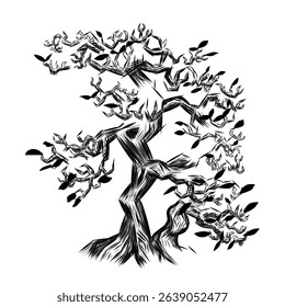 Illustration design of a bonsai tree that shows it is very old in the wild