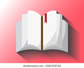 Illustration design of a book icon with bookmark, book for learning symbol, library book, note book, vector realistic icon with long shadow isolated on red and white light background