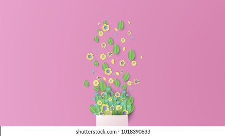 illustration of design bouquet paper craft style. bouquet of flowers on a pastel color background in spring season. paper cut and craft style. vector, illustration.