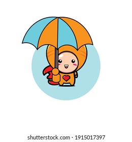 Illustration design of a boy character wearing a carrot costume carrying an umbrella