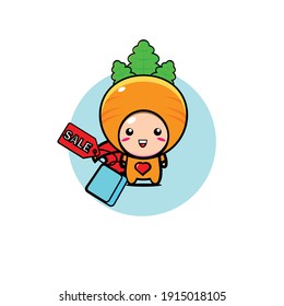 Illustration design of boy character wearing carrot costume carrying groceries