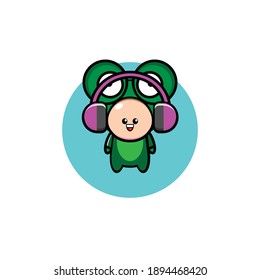 Illustration design of boy dressed in green frog listening to music
