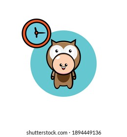Illustration design of boy dressed in owl looking at clock