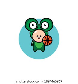 Diseño ilustrativo de un niño con rana verde jugando al baloncesto