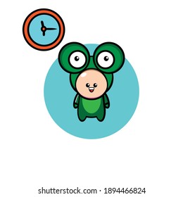 Diseño ilustrativo de niño con rana verde mirando el reloj