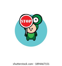 Illustration design of boy in green frog holding stop sign