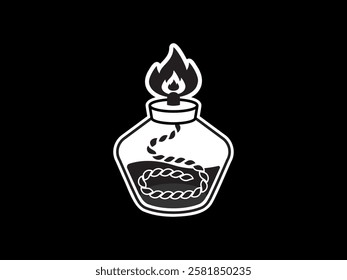 Illustration design of Bunsen burner icon with liquid and flame, tool for testing samples containing alkali metals, black and white sticker style icon vector isolated on black background