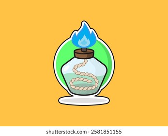 Illustration design of Bunsen burner icon with liquid and flame, tool for testing samples containing alkali metals, chemical equipment, vector in sticker style and black outline on orange background