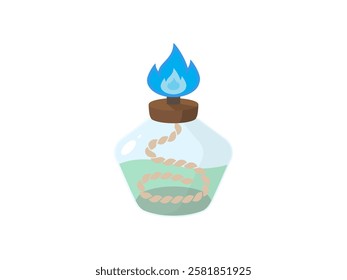 Illustration design of bunsen burner icon with liquid and flame, tool for testing samples containing alkali metals, chemical laboratory equipment, realistic icon vector isolated on white background