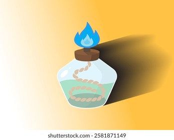 Illustration design of bunsen burner icon with liquid and flame, tool for testing samples containing alkali metals, realistic vector with long shadow isolated on orange and white light background