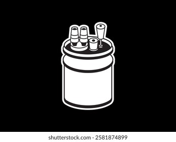 Illustration design of calorimeter icon, a tool for measuring heat or thermal changes in a system, used in physics and chemistry, black and white icon vector isolated on black background