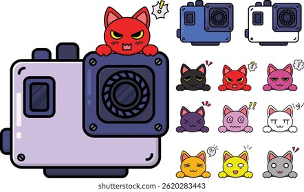 Illustration design of camera set and cartoon cat for product and apparel needs, vector, eps 10, editable.