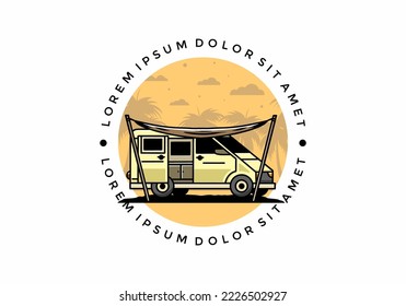 Diseño ilustrativo de una furgoneta de camper y una hoja de papel