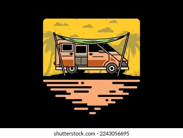 Diseño ilustrativo de una furgoneta de camper y una hoja de papel