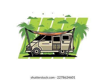 Diseño ilustrativo de una furgoneta de camper y una hoja de papel