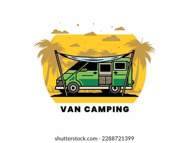 Illustration design of a camper van and flysheet
